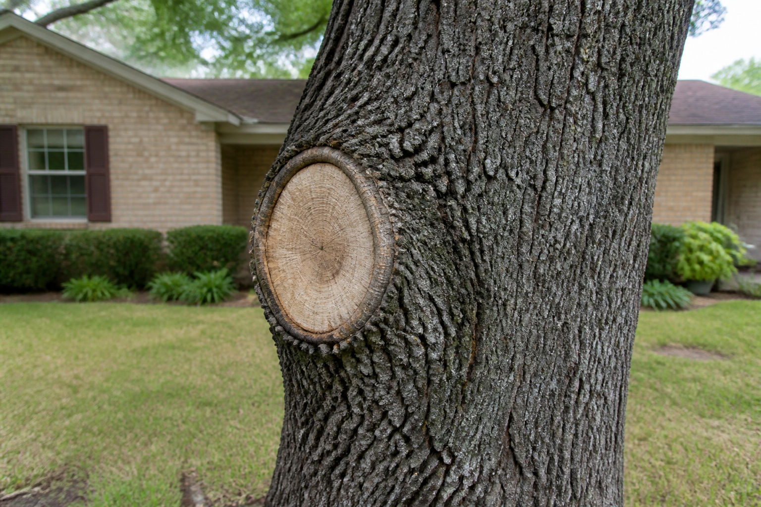 Clean pruning cut on a mature trunk in a residential yard